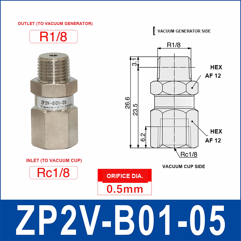 ZP2V-B01-05 ZP2V vacuum safety valve with product view and dimensional drawing