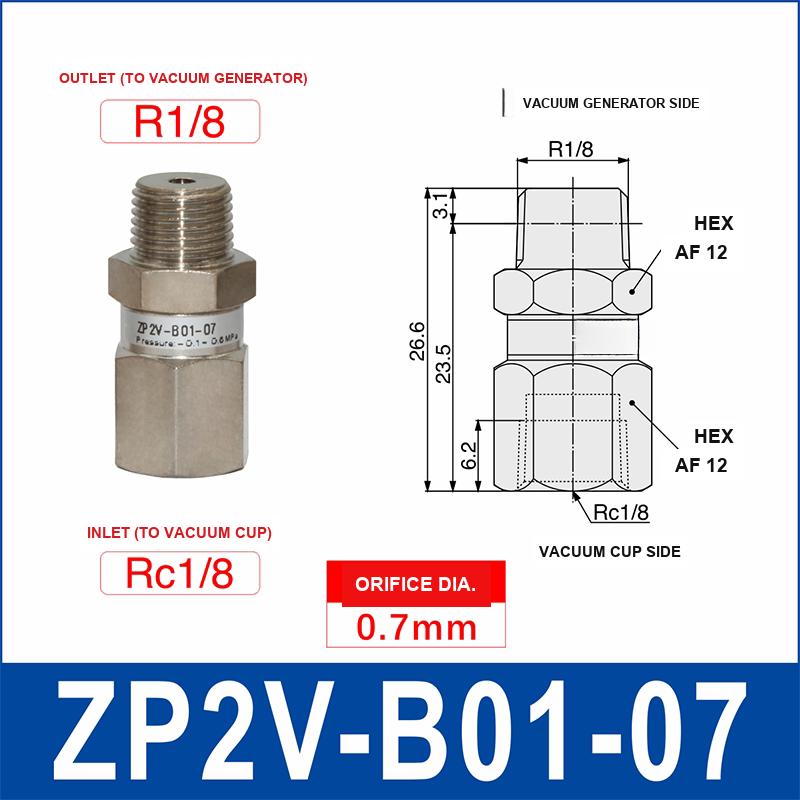 ZP2V-B01-07 ZP2V vacuum safety valve with product view and dimensional drawing