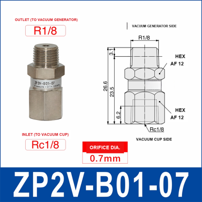 ZP2V-B01-07 ZP2V vacuum safety valve with product view and dimensional drawing