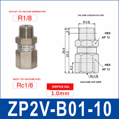ZP2V-B01-10 ZP2V vacuum safety valve with product view and dimensional drawing