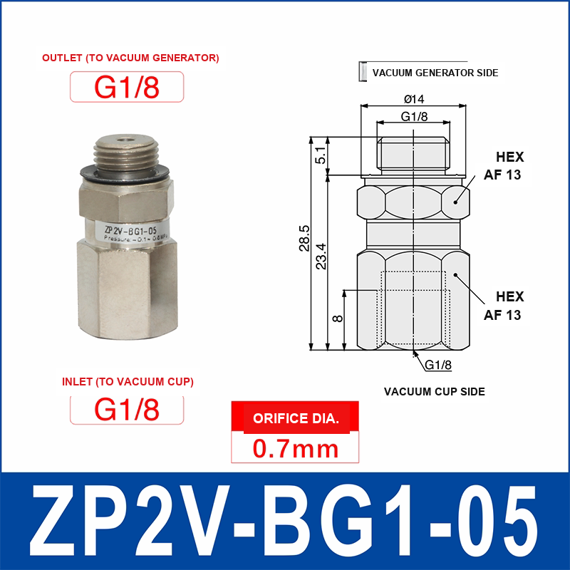 ZP2V-BG1-05 ZP2V vacuum safety valve with product view and dimensional drawing
