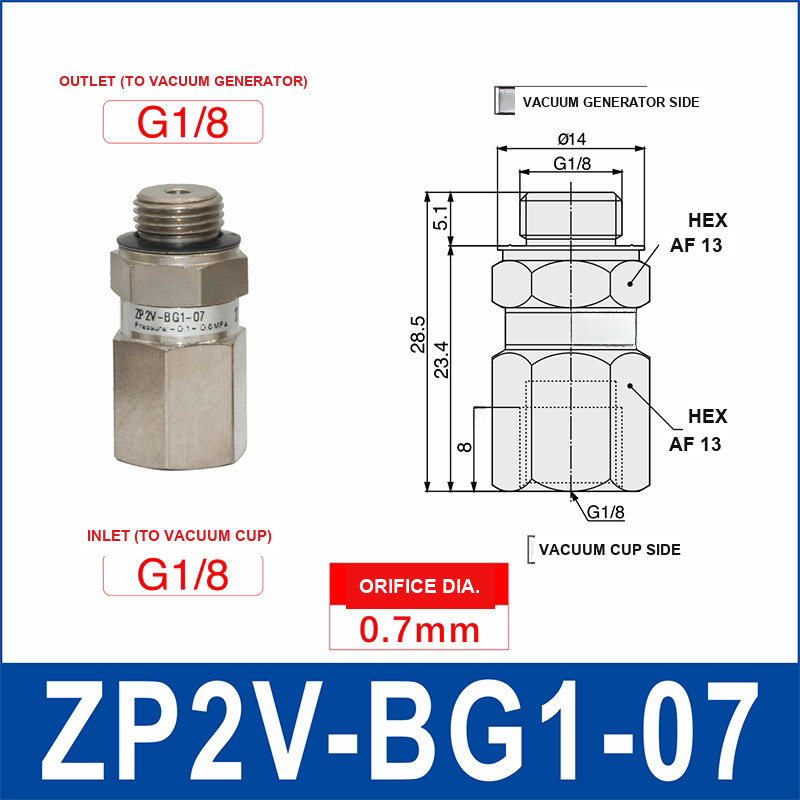 ZP2V-BG1-07 ZP2V vacuum safety valve with product view and dimensional drawing