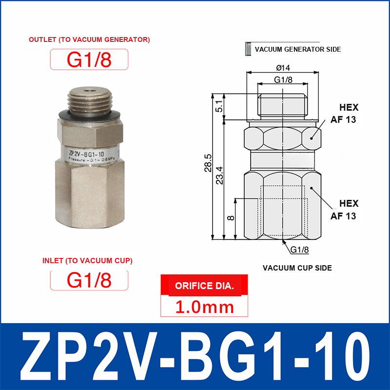 ZP2V-BG1-10 ZP2V vacuum safety valve with product view and dimensional drawing