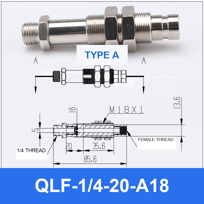 QLF-1/4-20-A18, Bernoulli non-contact vacuum cup or fitting with technical dimensions