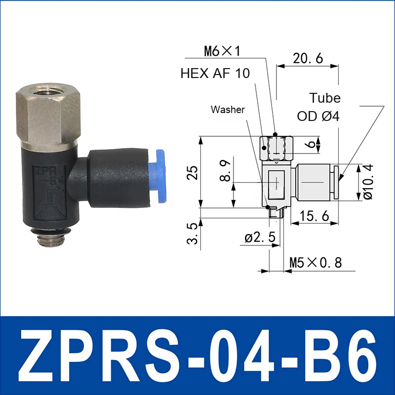ZPRS-04-B6 zprs side-port rigid vacuum cup holder, 4 mm tube OD, B6 connection, with technical dimensions