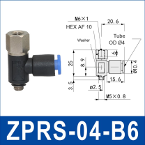 ZPRS-04-B6 zprs side-port rigid vacuum cup holder, 4 mm tube OD, B6 connection, with technical dimensions