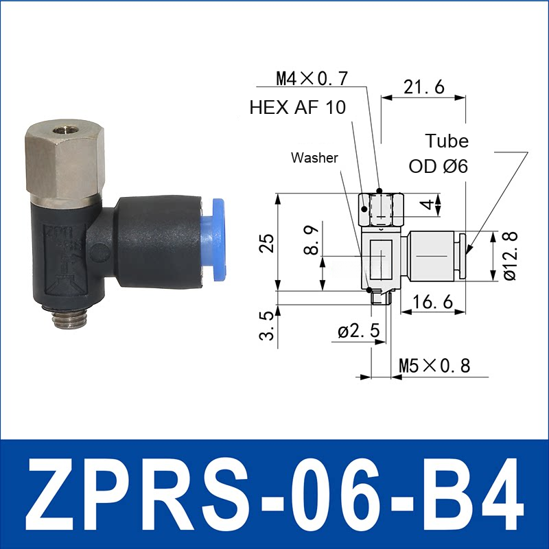 ZPRS-06-B4 zprs side-port rigid vacuum cup holder, 6 mm tube OD, B4 connection, with technical dimensions