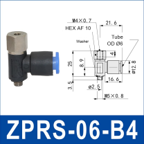 ZPRS-06-B4 zprs side-port rigid vacuum cup holder, 6 mm tube OD, B4 connection, with technical dimensions