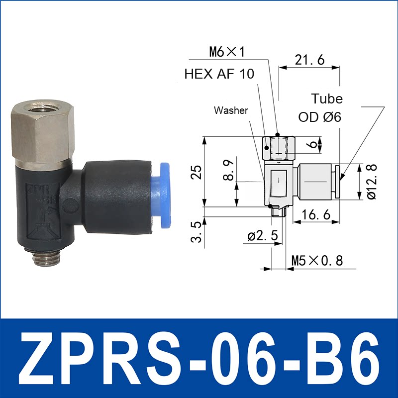 ZPRS-06-B6 zprs side-port rigid vacuum cup holder, 6 mm tube OD, B6 connection, with technical dimensions