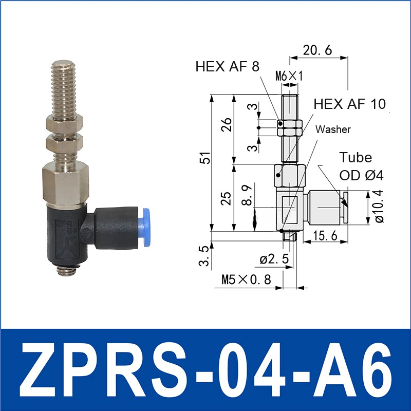ZPRS-04-A6 zprs side-port rigid vacuum cup holder, 4 mm tube OD, A6 connection, with technical dimensions
