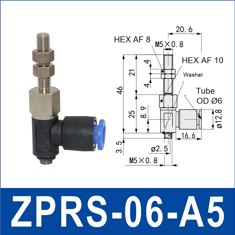 ZPRS-06-A5 zprs side-port rigid vacuum cup holder, 6 mm tube OD, A5 connection, with technical dimensions