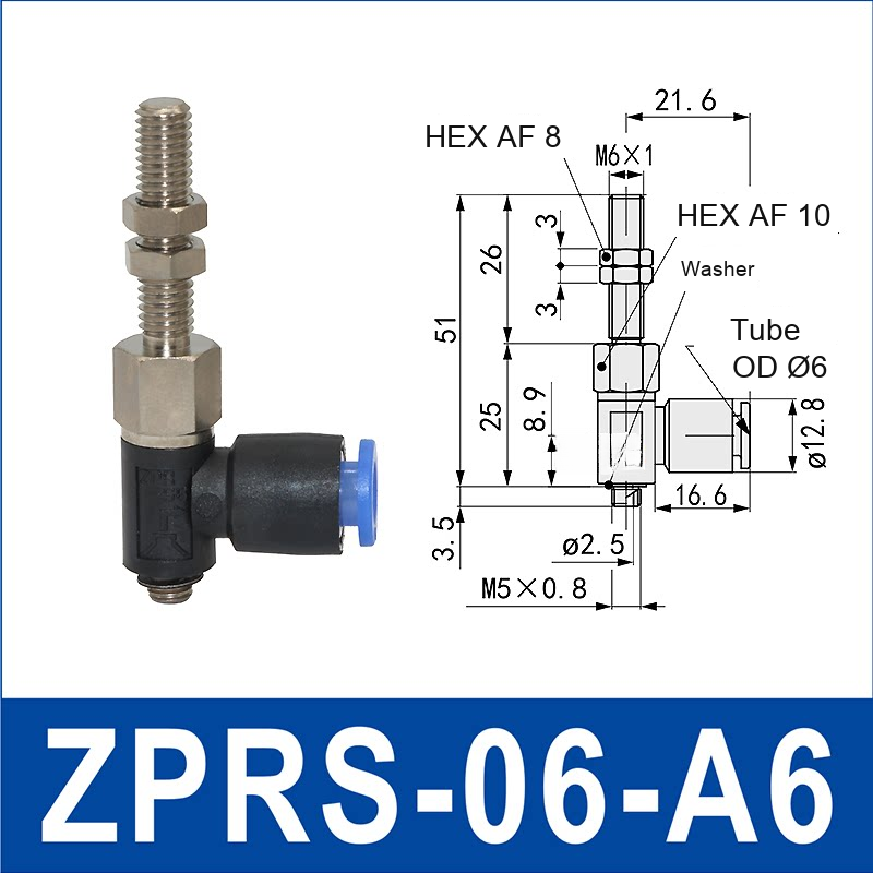 ZPRS-06-A6 zprs side-port rigid vacuum cup holder, 6 mm tube OD, A6 connection, with technical dimensions