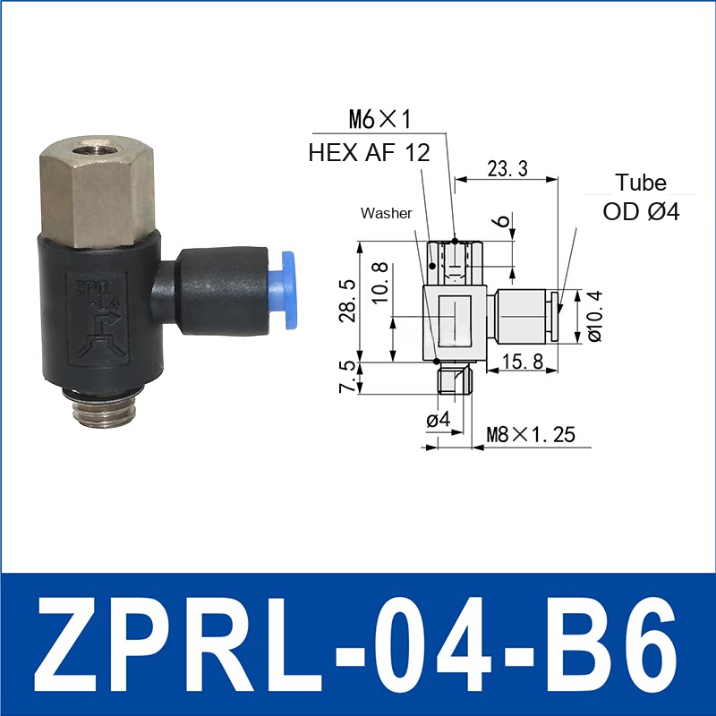 ZPRL-04-B6 zprl side-port rigid vacuum cup holder, 4 mm tube OD, B6 connection, with technical dimensions