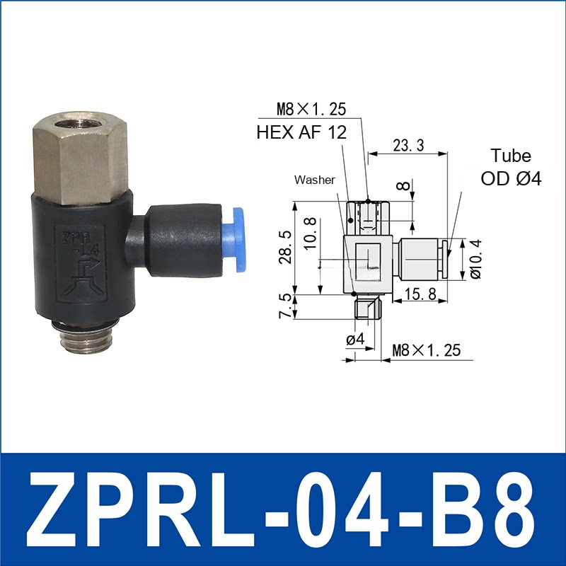 ZPRL-04-B8 zprl side-port rigid vacuum cup holder, 4 mm tube OD, B8 connection, with technical dimensions