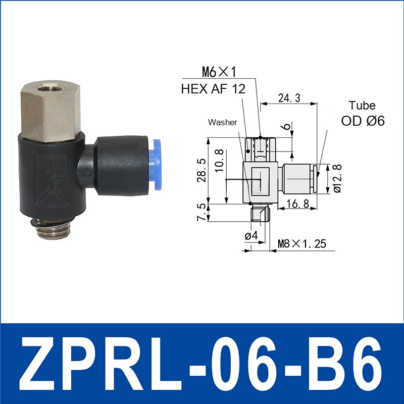 ZPRL-06-B6 zprl side-port rigid vacuum cup holder, 6 mm tube OD, B6 connection, with technical dimensions