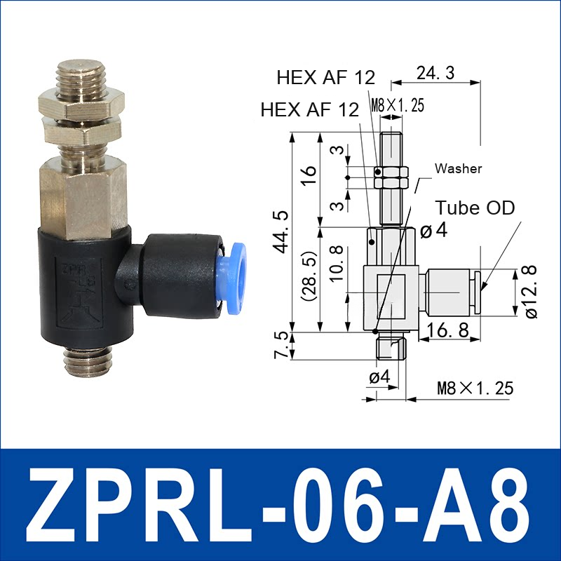 ZPRL-06-A8 zprl side-port rigid vacuum cup holder, 6 mm tube OD, A8 connection, with technical dimensions