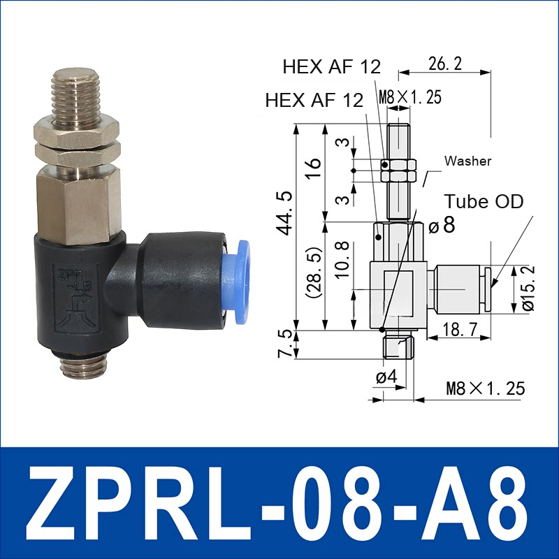 ZPRL-08-A8 zprl side-port rigid vacuum cup holder, 8 mm tube OD, A8 connection, with technical dimensions