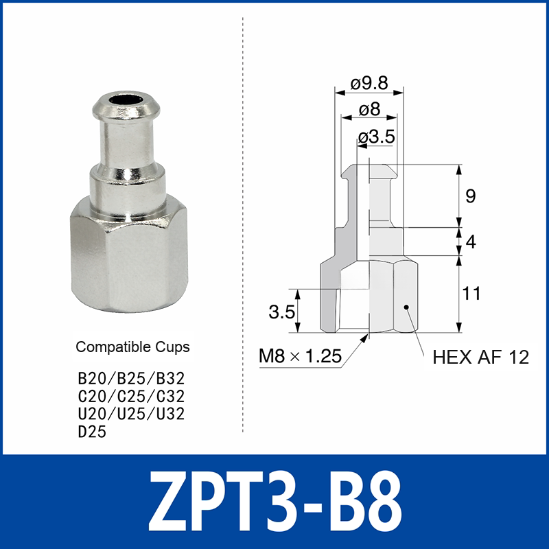 ZPT3-B8 zpt vacuum cup adapter, B8 connection, with technical dimensions