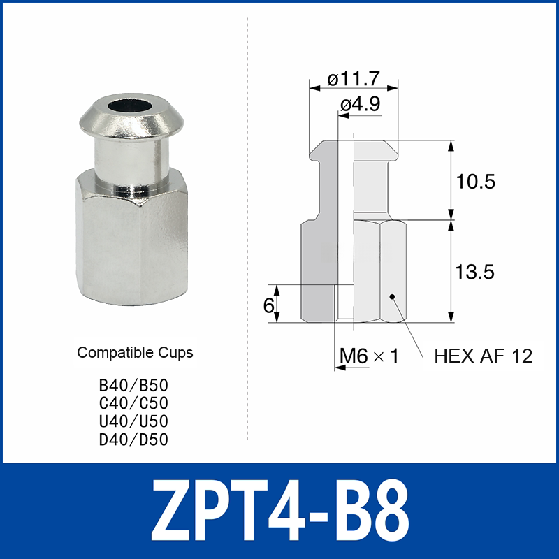 ZPT4-B8 zpt vacuum cup adapter, B8 connection, with technical dimensions