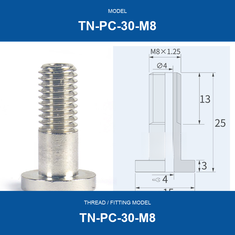 TN-PC-30-M8 threaded vacuum cup mount fitting with product view and dimensional drawing