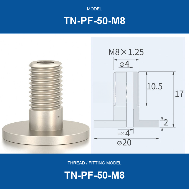 TN-PF-50-M8 threaded vacuum cup mount fitting with product view and dimensional drawing