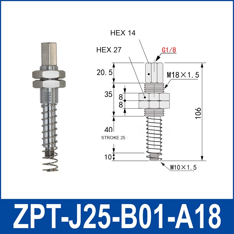ZPT-J25-B01-A18 industrial vacuum cup buffer mount or adapter with dimensional reference