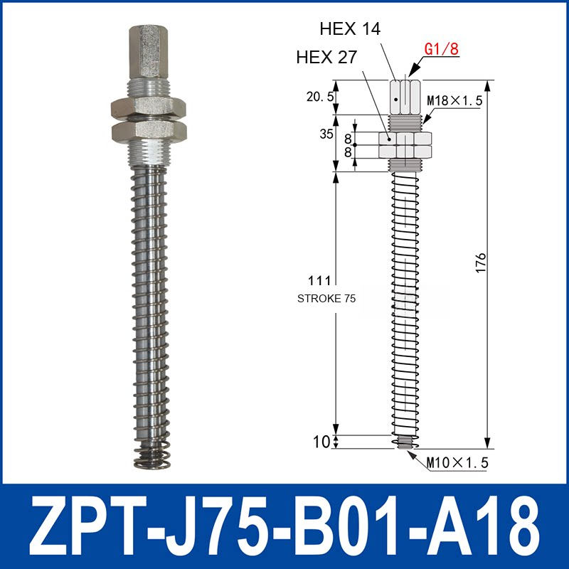 ZPT-J75-B01-A18 industrial vacuum cup buffer mount or adapter with dimensional reference