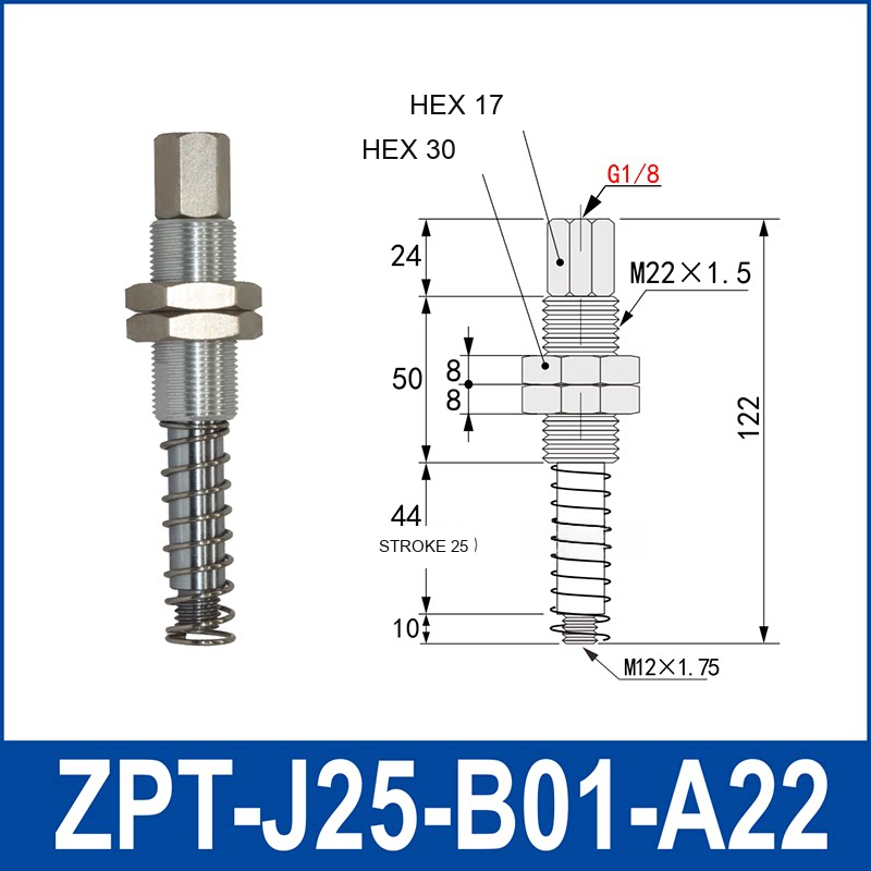 ZPT-J25-B01-A22 industrial vacuum cup buffer mount or adapter with dimensional reference