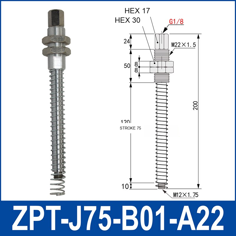 ZPT-J75-B01-A22 industrial vacuum cup buffer mount or adapter with dimensional reference