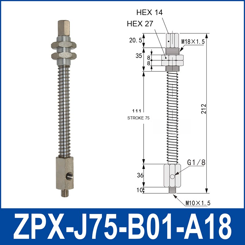 ZPX-J75-B01-A18 industrial vacuum cup buffer mount or adapter with dimensional reference
