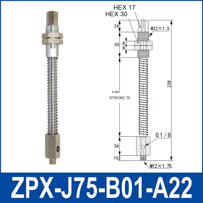 ZPX-J75-B01-A22 industrial vacuum cup buffer mount or adapter with dimensional reference
