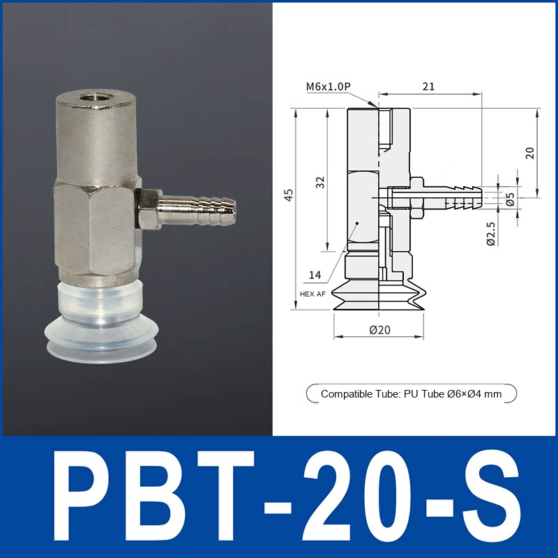 PBT-20-S – 20 mm, Silicone, translucent white silicone side-port vacuum cup, M6×1.0 mount, HEX AF 14 mm, PU tube 6 mm OD x 4 mm ID, with dimensions