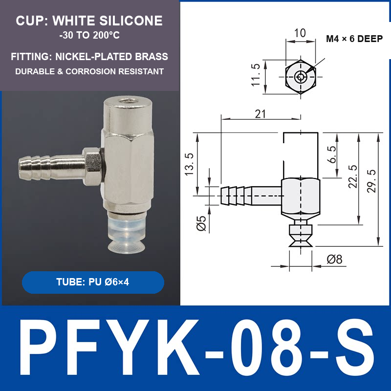 PFYK-08-S PFYK side-port vacuum cup assembly with dimensional drawing