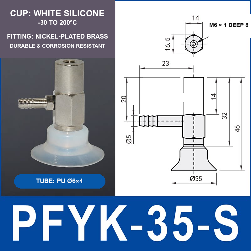 PFYK-35-S PFYK side-port vacuum cup assembly with dimensional drawing