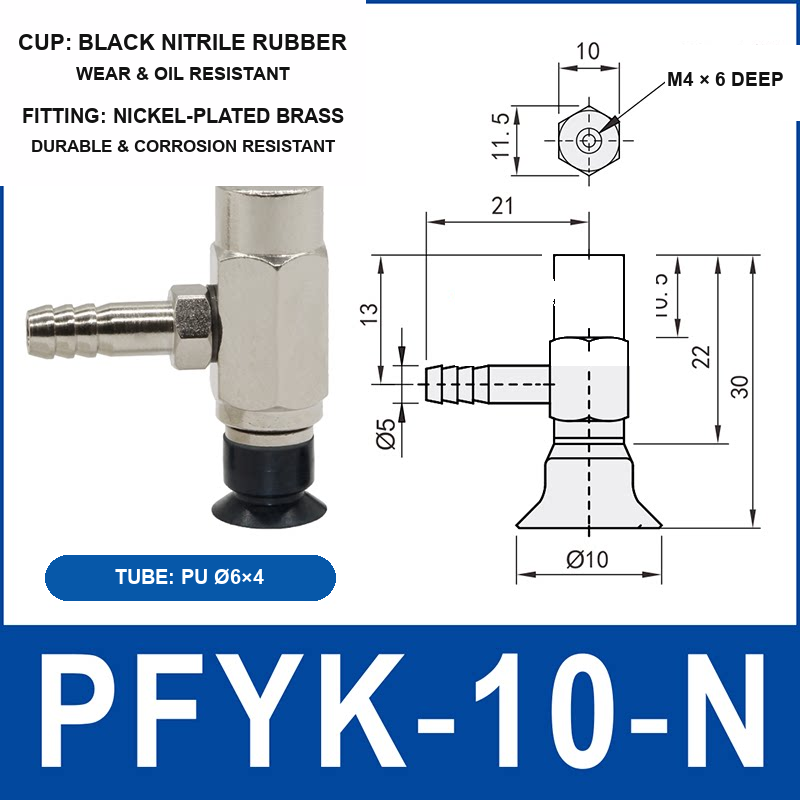 PFYK-10-N PFYK side-port vacuum cup assembly with dimensional drawing