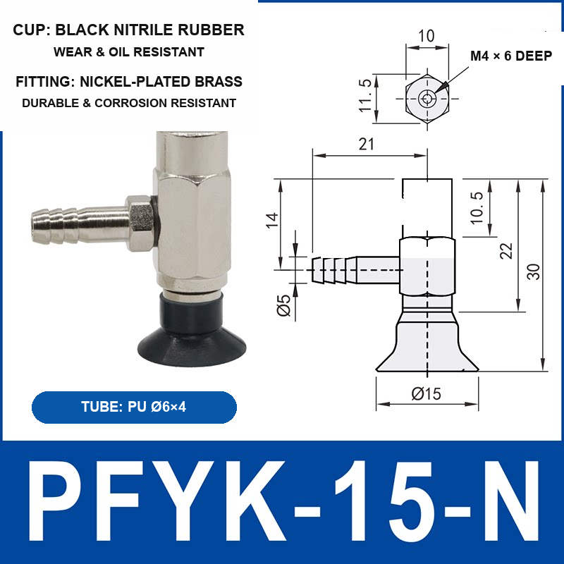 PFYK-15-N PFYK side-port vacuum cup assembly with dimensional drawing