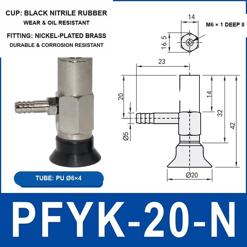 PFYK-20-N PFYK side-port vacuum cup assembly with dimensional drawing