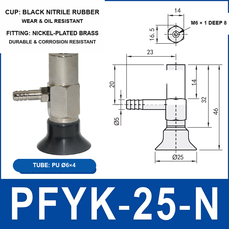 PFYK-25-N PFYK side-port vacuum cup assembly with dimensional drawing