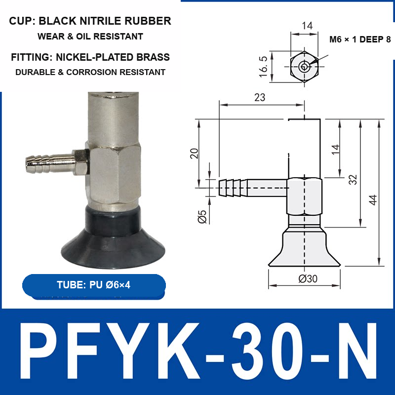PFYK-30-N PFYK side-port vacuum cup assembly with dimensional drawing