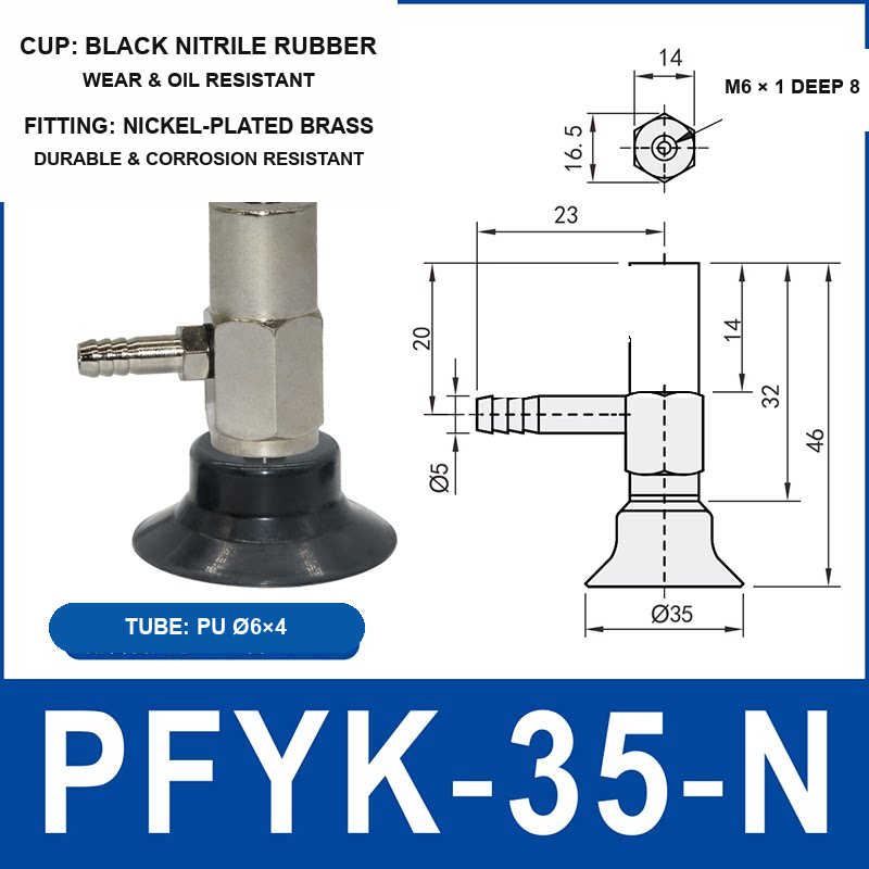 PFYK-35-N PFYK side-port vacuum cup assembly with dimensional drawing