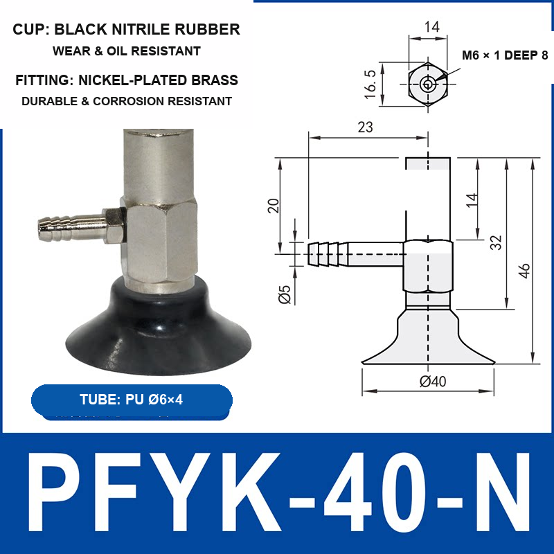 PFYK-40-N PFYK side-port vacuum cup assembly with dimensional drawing