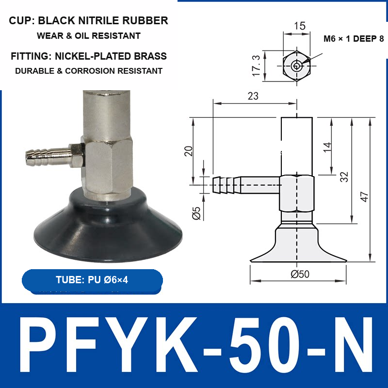 PFYK-50-N PFYK side-port vacuum cup assembly with dimensional drawing