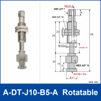 A-DT-J10-B5-A rotatable robot buffer fitting, with product view and dimensional drawing