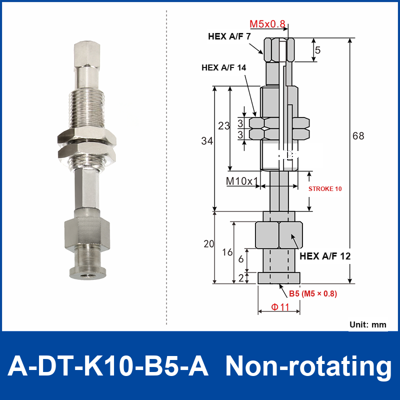 A-DT-K10-B5-A non-rotating robot buffer fitting, with product view and dimensional drawing