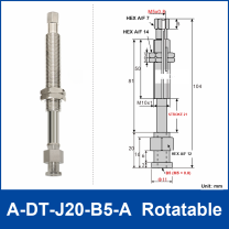 A-DT-J20-B5-A rotatable robot buffer fitting, with product view and dimensional drawing