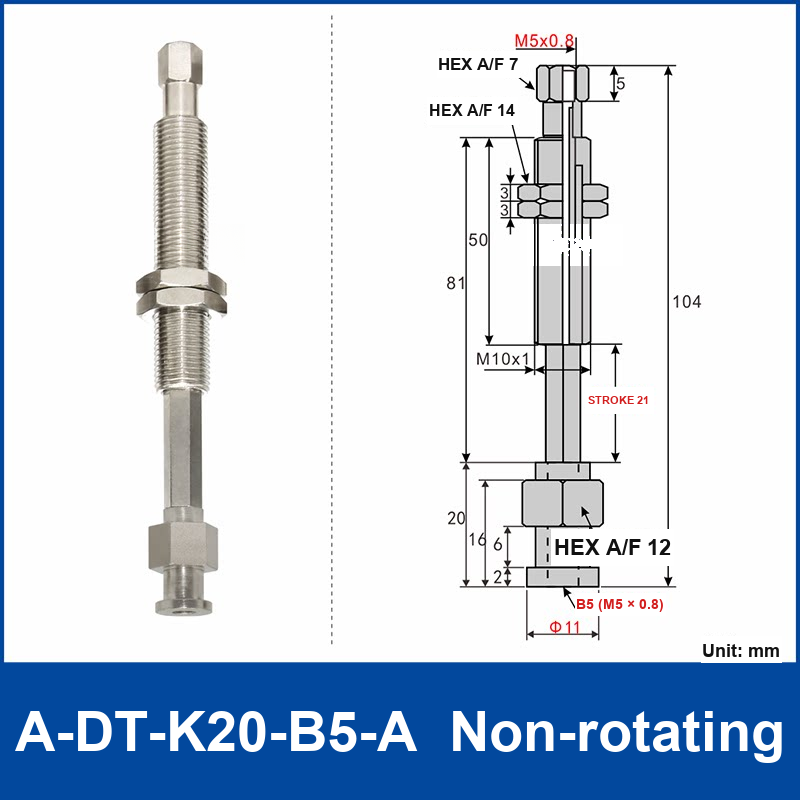 A-DT-K20-B5-A non-rotating robot buffer fitting, with product view and dimensional drawing