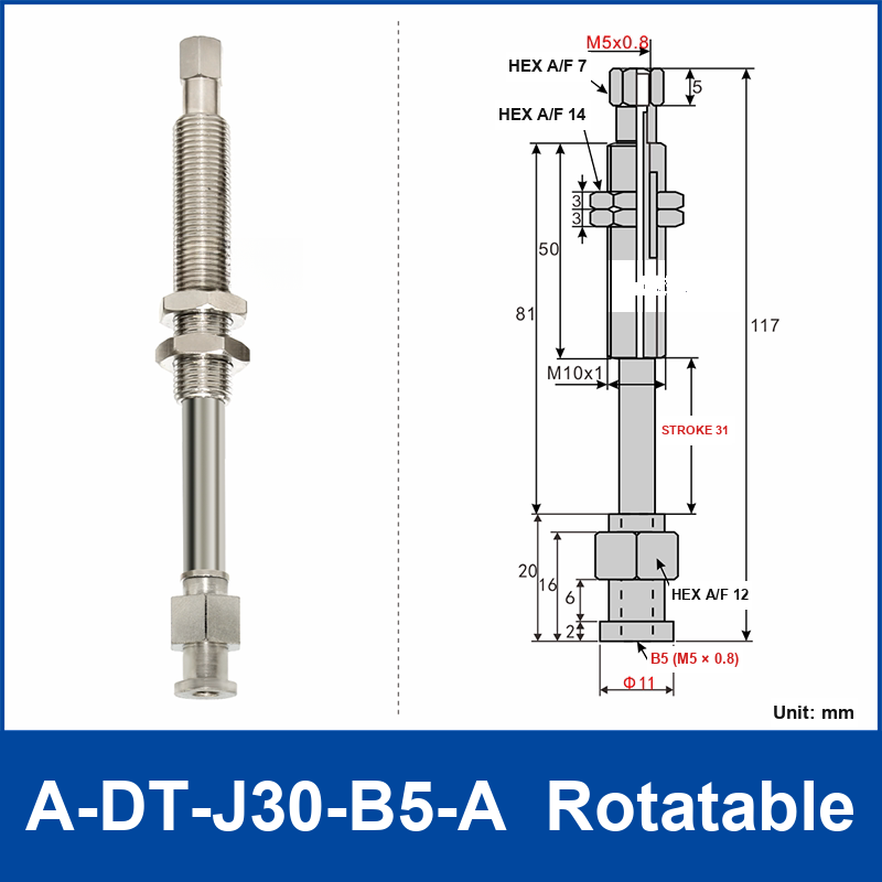 A-DT-J30-B5-A rotatable robot buffer fitting, with product view and dimensional drawing