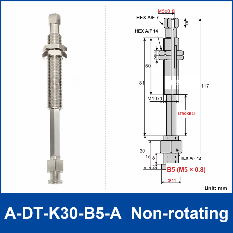 A-DT-K30-B5-A non-rotating robot buffer fitting, with product view and dimensional drawing