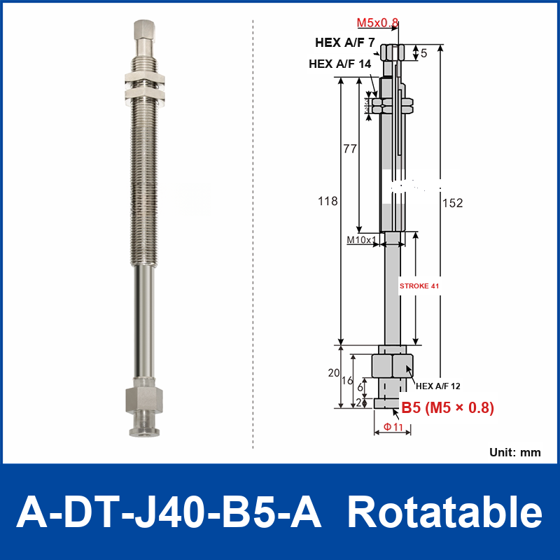A-DT-J40-B5-A rotatable robot buffer fitting, with product view and dimensional drawing