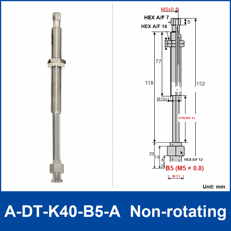 A-DT-K40-B5-A non-rotating robot buffer fitting, with product view and dimensional drawing